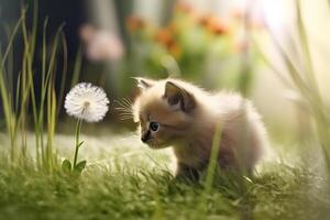 Cute little kitten walking in the garden. Neural network photo