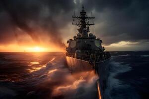 guerra concepto. noche batalla escena a mar. buque de guerra en fuego. neural red ai generado foto
