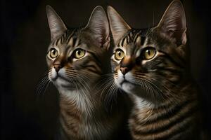 Portrait of two domestic cats with tabby fur outdoors with dark background. Neural network generated art photo