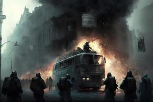 Concept art of riots Streets on fire, silhouettes of angry people protesting in a revolution. Neural network generated art photo