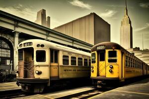 Nueva York antiguo anticuado subterraneo carros en un metro deposito en tiempo de día. neural red generado Arte foto