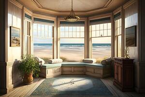 Beach living on Sea view interior with big windows. Neural network photo