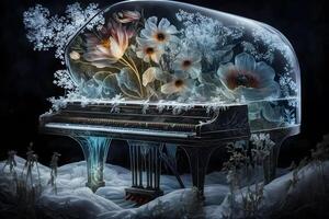 Fairy magic piano with flowers frozen in ice. Neural network art photo