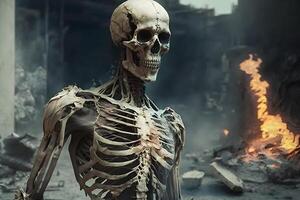 Scary skeleton on fire. Neural network photo