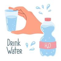 bebida más agua, agua botella en mano. salud cuidado concepto. plano estilo ilustración, vector