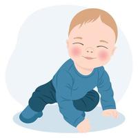 Cute cheerful baby boy in blue clothes, newborn baby boy. Children card, print, illustration, vector