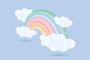 3d baby shower, rainbow with clouds and stars on a pale blue background, childish design in pastel colors. Background, illustration, vector. vector