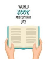 Open book in hands. World Book and Copyright Day. Illustration, poster, banner, vector