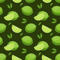Seamless pattern, colorful lime slices and leaves on a green background. Fruit background, print, textile, vector