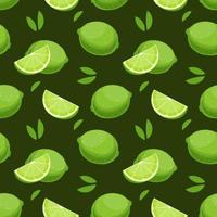 Seamless pattern, colorful lime slices and leaves on a green background. Fruit background, print, textile, vector