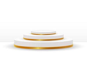 White podium with gold trim for product presentation on a white background. 3D illustration, vector