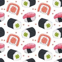 Seamless pattern with seafood sushi on a white background. Colorful food background, restaurant menu, vector