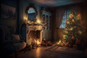 Beautiful cozy Christmas interior with a fireplace. Neural network photo