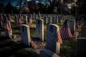 American flag waving next to a grave at the American Cemetery and Memorial. Neural network photo