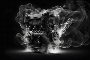 Modern car engine on deep solid black background. Neural network generated art photo