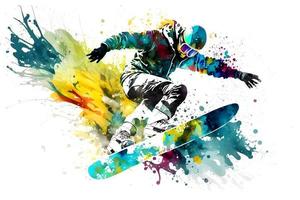 Man snowboarder jump on snowboard with rainbown watercolor splash isolated on white background. Neural network generated art photo