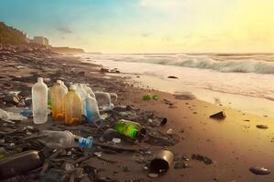 derramado basura en playa de grande ciudad. vacío usado sucio el plastico botellas sucio mar arenoso apuntalar el negro mar. ambiental contaminación. ecológico problema. neural red ai generado foto