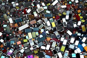 Abstract background from many smartphones. mobile phone recycling. Neural network photo