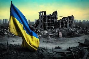 Flag of Ukraine and destroyed building. War concept. Neural network photo