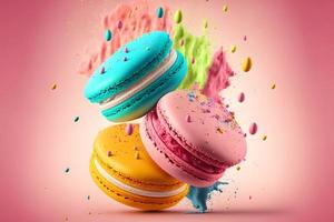 Colorful macarons with sugar powder explosion moment on pink background. Neural network generated art photo
