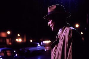 Detective in the rain in the night city. Neural network photo