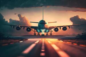 Sunset view of airplane on airport runway under dramatic sky. Neural network photo