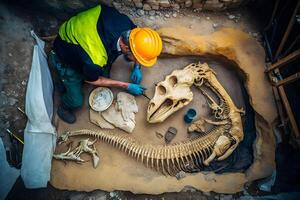 Archaeologist works on an archaeological site with dinosaur skeleton in wall stone fossil tyrannosaurus excavations. Neural network photo