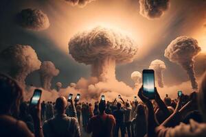 Crowd of people photographing mushroom cloud. Neural network photo