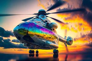 Modern futuristic army helicopter transport in city center. Neural network generated art photo