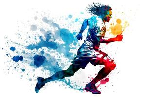 football soccer player in action with rrainbow watercolor splash. isolated white background. Neural network generated art photo
