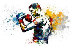 Sporty man during boxing with watercolor splash, sticker. Neural network photo