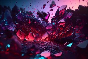 Abstract art background with part of surreal ruby gemstone crystal with prism reflection in fractal triangles structure in purple colors. Neural network photo