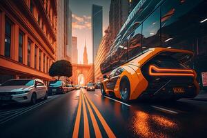 futurista eléctrico auto, Taxi de el futuro. neural red ai generado foto