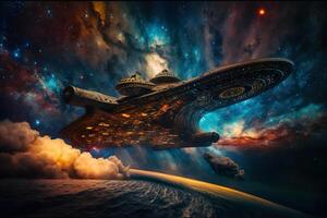 Fantasy ship in glowing waves. Neural network photo