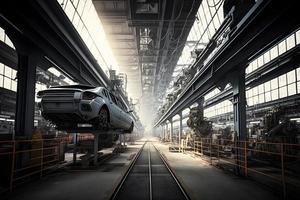 Automation aumobile factory concept. Robot assembly line in car manufacturing. Neural network generated art photo