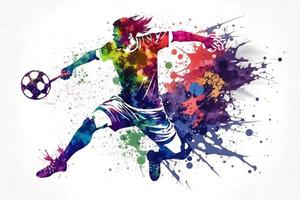 football soccer player in action with rrainbow watercolor splash. isolated white background. Neural network generated art photo