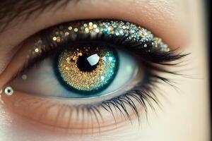 Woman eyes with beautiful glitter makeup. Neural network photo