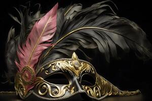 Carnival time. Venetian mask with feathers on black background, Neural network photo