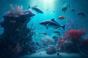 Aqua scene with corals and many fish on blue underwater background. Neural network generated art photo