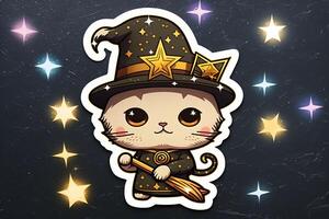 Cute cartoon sticker with a cat wizard. Neural network photo