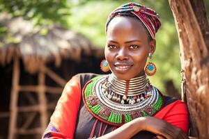 retrato de un hermosa africano mujer en étnico estilo. neural red ai generado foto