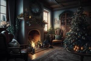 Beautiful cozy Christmas interior with a fireplace. Neural network photo