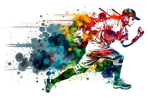 Baseball Player with multicolored watercolor splash, isolated on white background. Neural network generated art photo