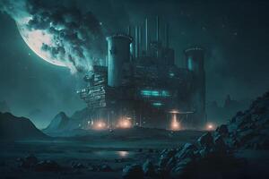 Futuristic industrial factory, alien base. Neural network photo