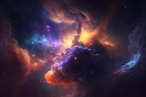 Space background with galaxy and nebula in blue and orange clouds. Neural network photo