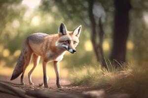 zorro en verde bosque. fauna silvestre escena desde naturaleza. neural red ai generado foto