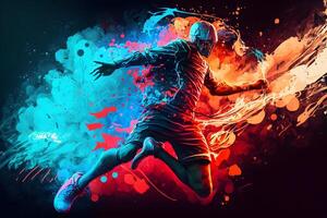 Football player kicks the ball against the background of multi-colored abstraction. Neural network photo