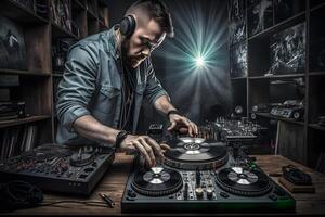 Charismatic disc jockey at the turntable. Neural network photo