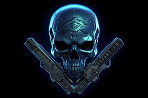 Blue punk cyber human skull with weapon. Neural network photo