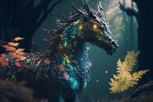 Fairytale unicorn in fantasy forest Neural network photo